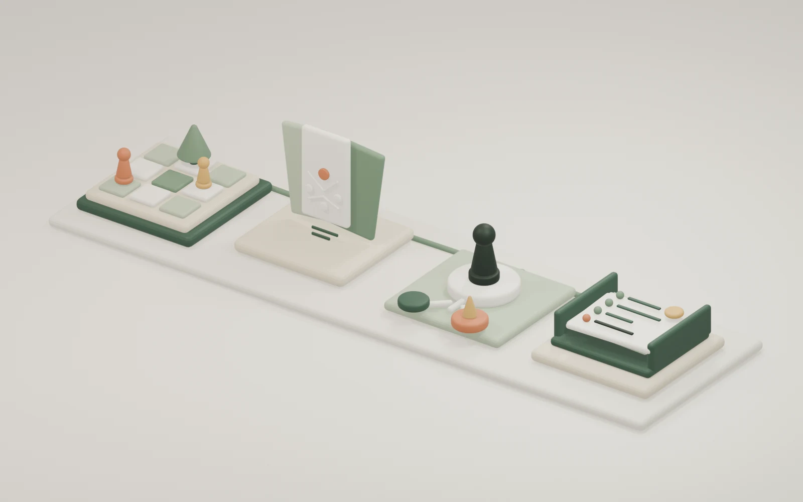 게임 공간, AI 제안 카드, 사람의 선택, 기록 장치를 순서대로 배치한 실험환경의 3D 개념 모형